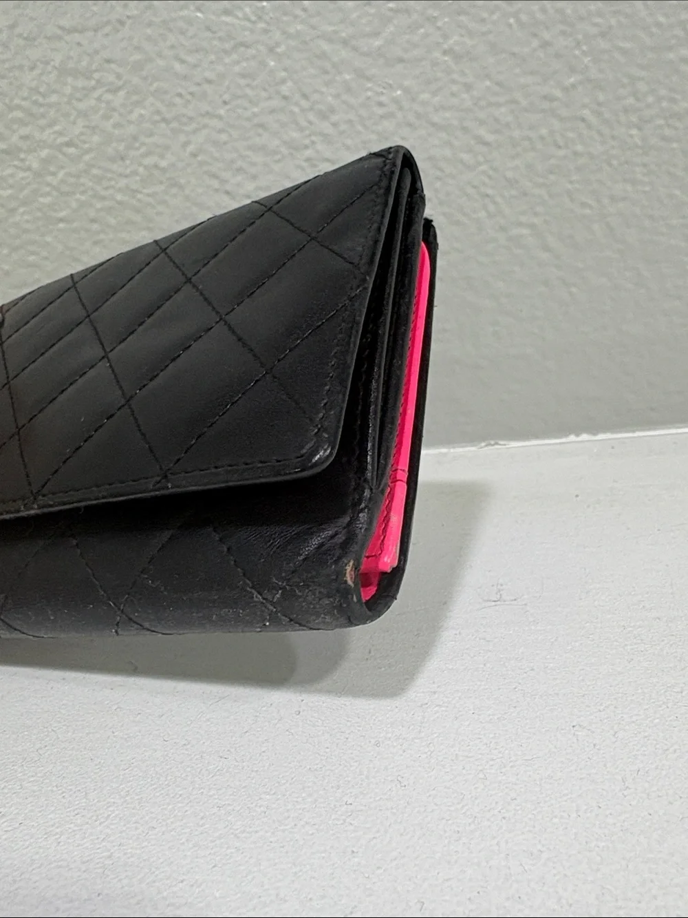 CHANEL Cambon Quilted Leather Flap Wallet pink interior